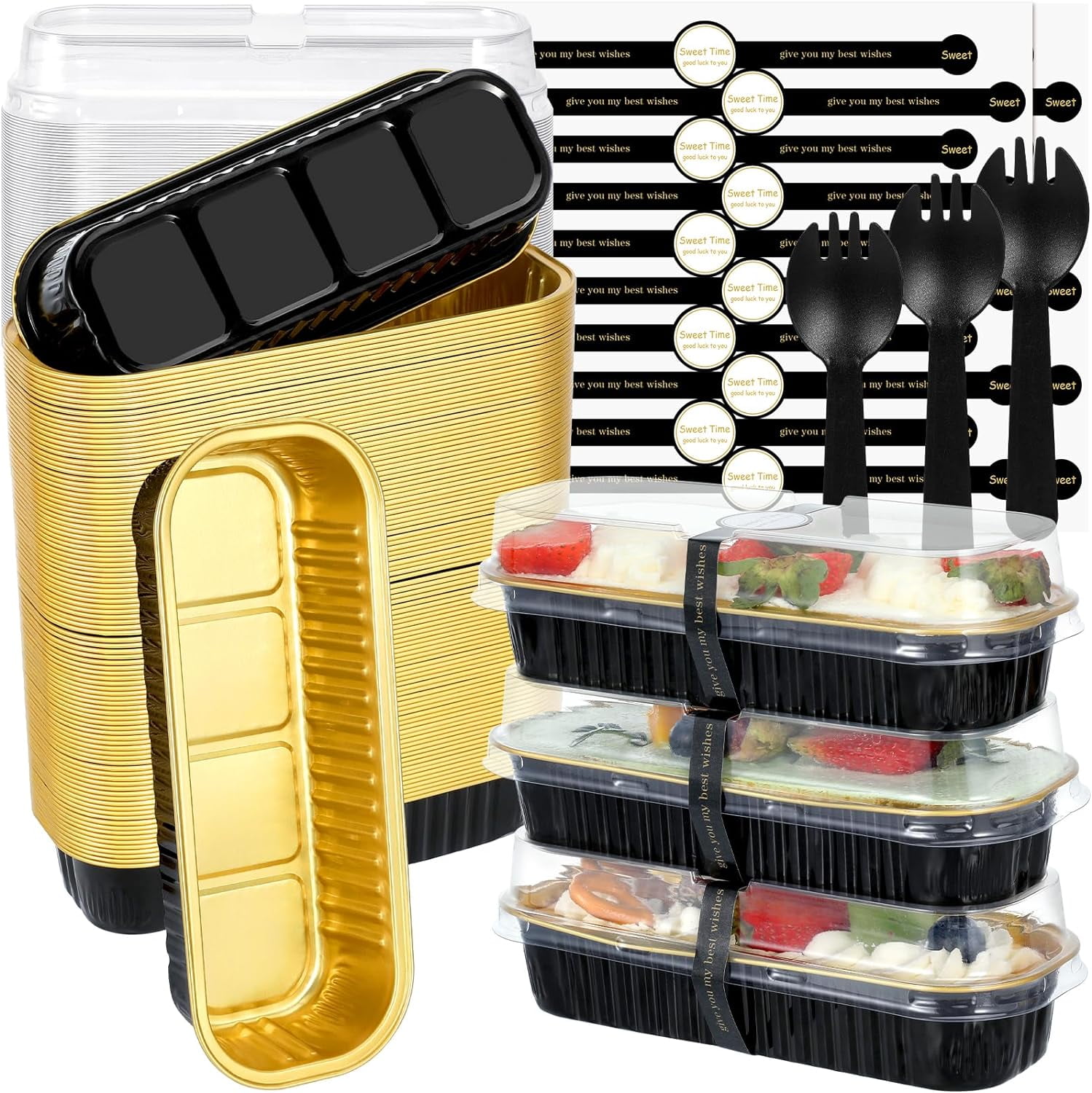 Mini Loaf Pans with Lids and Spoons, 100 Pack, Black, 6.8oz, Rectangular Aluminum Foil Baking Pans