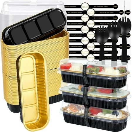 Mini Loaf Pans with Lids and Spoons, 100 Pack, Black, 6.8oz, Rectangular Aluminum Foil Baking Pans