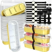 Mini Loaf Pans with Lids and Spoons, 100 Pack, Gold, 6.8oz, Rectangular Aluminum Foil Baking Pans