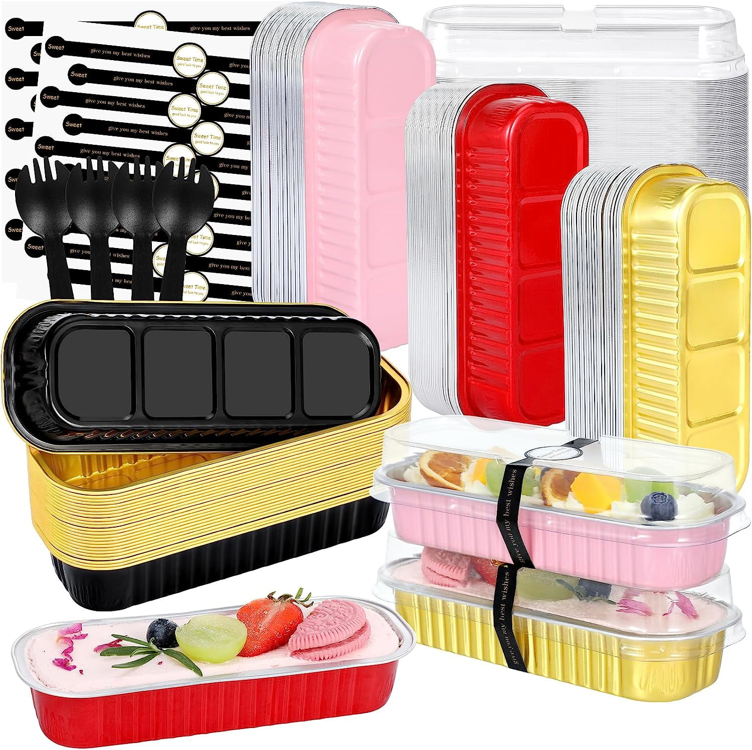 Mini Loaf Pans with Lids and Spoons, 100 Pack, Mixed Color, 6.8oz