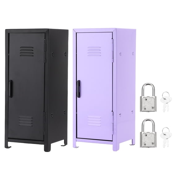 Mini Locker 4.3 x 10.8 Inch, 2 Pcs Small Locker with Lock Keys, Metal Money Safe Storage Box for Desk Bedroom, Black/Purple