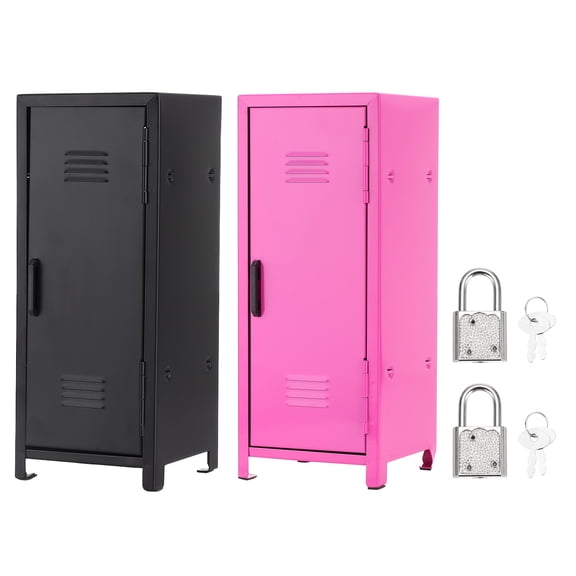 Mini Locker 4.3 x 10.8 Inch, 2 Pcs Small Locker with Lock Keys, Metal Money Safe Storage Box for Desk Bedroom, Black/Rose Red
