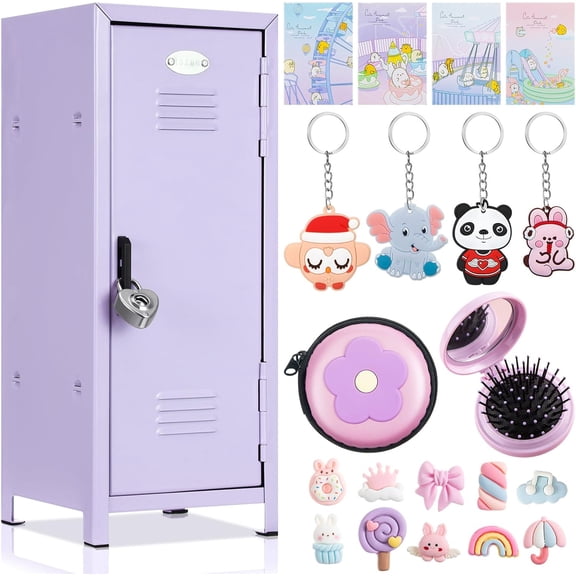 Mini Locker Set with Lock and Keys, 10.8 Inch Cute Floral Storage Box for Desktop, Bedroom, or Office, Purple
