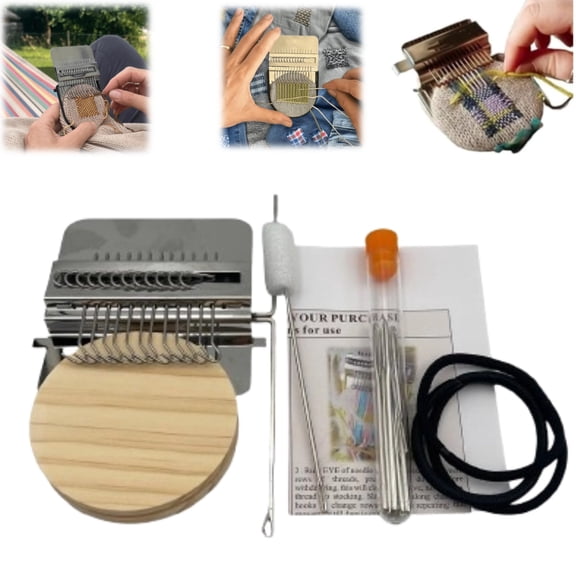Mini Loom Machine Kit, Wooden Weaving Tool with Stainless Steel Needles, Loom Type Weave Tool for Beginners Quickly Mending Jeans Mending Socks Clothes（12 Needles)