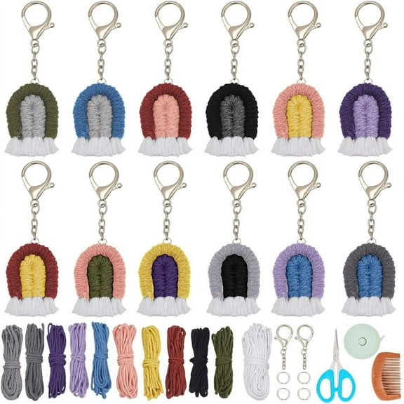 Mini Macrame Rainbow Keychain Kit Adults Beginners 12 Set DIY Macrame Weaving Rainbow Tassel Women Keyrings Holder Bag Car Keyring Holder Jewelry Bag Wallet Birthday Gifts