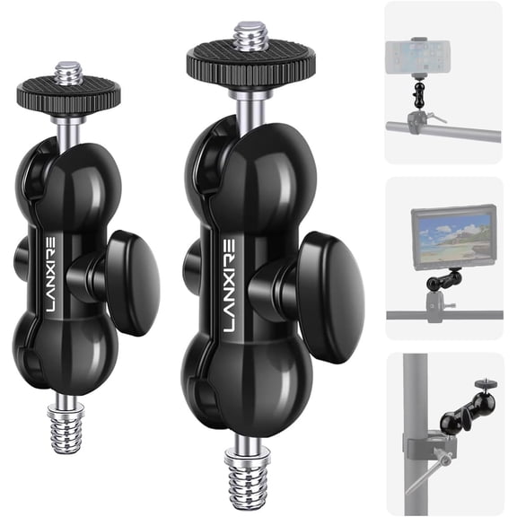 Mini Magic Arm with Double Ball Head and 1/4" Screw - 2 Pack - for Camera Cage, Camera Clamp, Cameras, Action Cameras, Smartphone, Security Cameras, LED Light, Monitor - Load up to 4.4lb/2kg