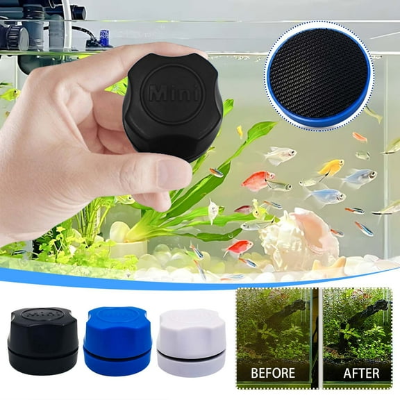 Mini Magnetic Aquarium Glass Cleaner Brush | Fish Tank Scraper Cleaning Sponge | Non-Slip Handle | Scratch-Free Magnet | Suitable for 3-6mm Glass | 37x37x25mm | Blue/White | 1 Pack