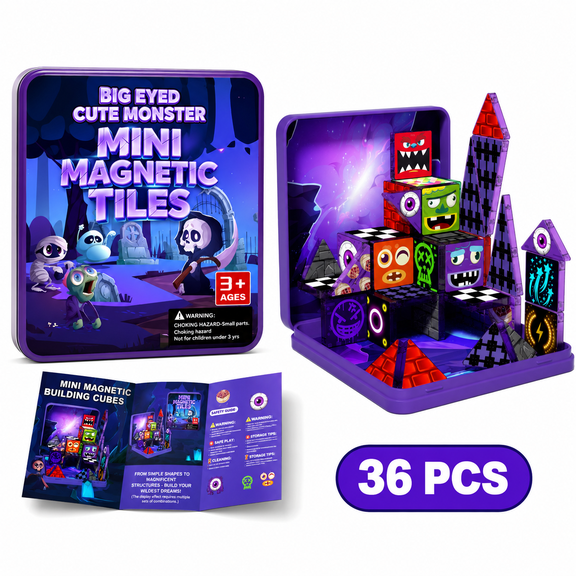 Mini Magnetic Building Tiles Tin Box, Stained Glass Window STEM Puzzle Set, Ages 7-14 Halloween Birthday Gift