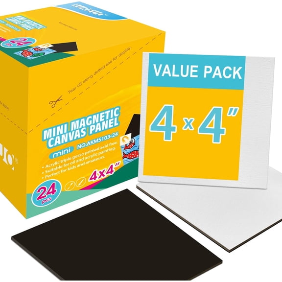 Mini Magnetic Canvas Panel 4x4 Inch / 24 Pack - Small Square Flat Canvas Board with Magnet Back Art Gift Set, Bulk Pack Tiny Thin Canvases for Painting & Craft