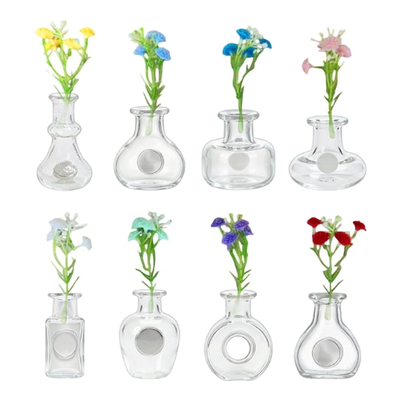Mini Magnetic Glass Bud Vases 8 Piece Set with Artificial Flowers for Fridge and Home Decor
