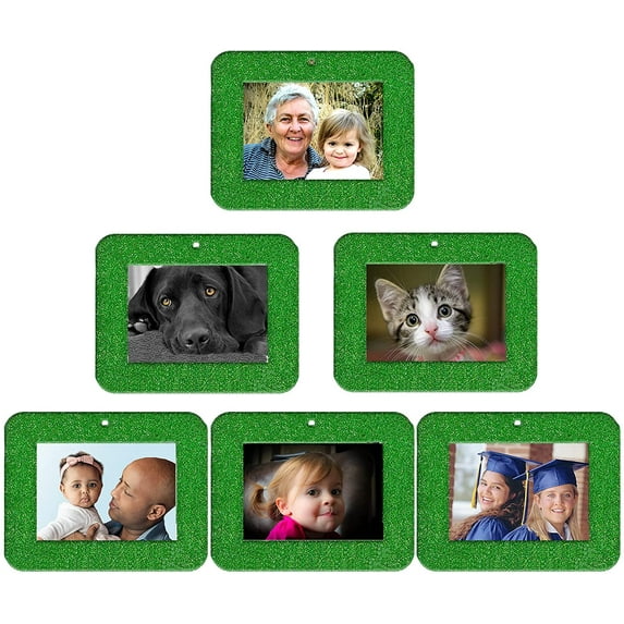 Mini Magnetic Glitter Christmas Picture Frame Ornaments with Photo Protectors, 6-Pack, Horizontal-Green