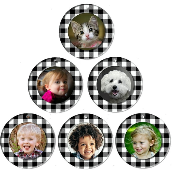 Mini Magnetic Glitter Christmas Picture Frame Ornaments with Photo Protectors, 6-Pack, Round- Black and White Plaid
