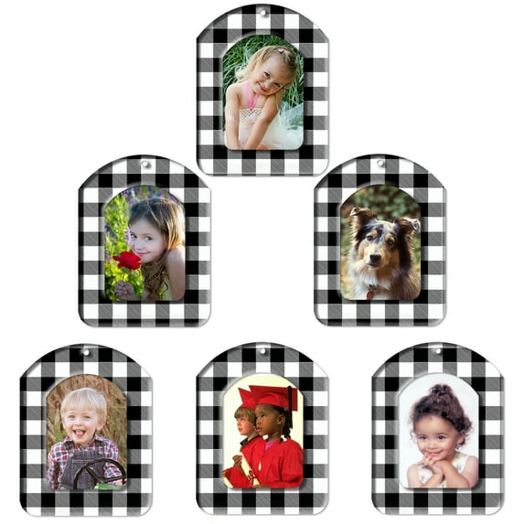 Mini Magnetic Glitter Christmas Picture Frame Ornaments with Photo Protectors, 6-Pack, Vertical- Black and White Plaid