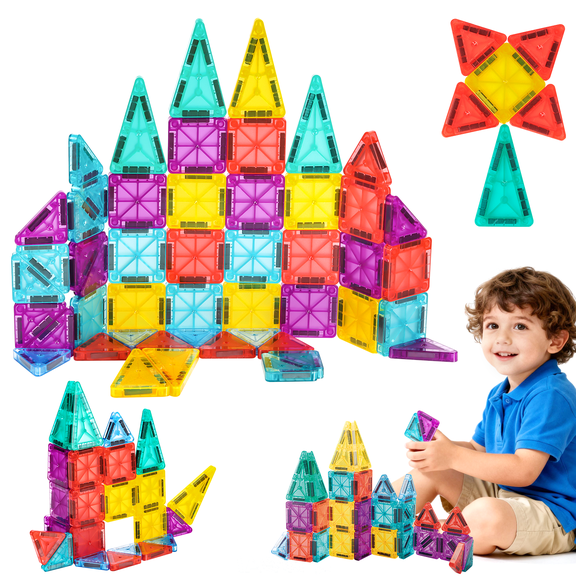 Mini Magnetic Tiles Travel Set - 49PCS Portable Magnetic Building Blocks with Iron Storage Box, STEM Educational Construction Toys, Learning Gift for Kids Ages 3-8