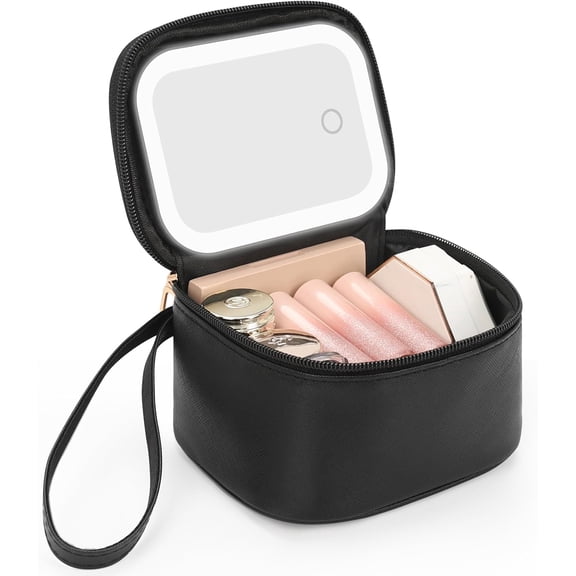 Mini Makeup Bag with Led Mirror, Small  Bag with 3 Light Modes, Rechargeable Portable Makeup Pouch with Hands-Free Wrist Strap for Pool Parties?Work Touch-Ups?Travel - Black