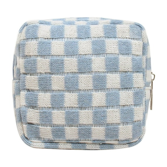 Mini Makeup Bag for Purse, Checkered Cosmetic Bag Zipper Cute Make Up Pouch Travel Toiletry Bag Makeup Storage Bag Organizer for Women Girls, Blue