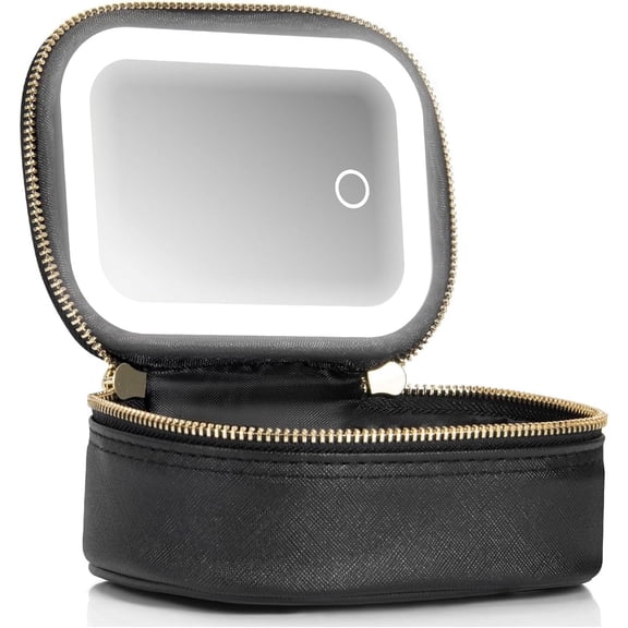 Mini Makeup Bag with LED Mirror, Small Travel Makeup Bag with 3 Light Modes for Pool Parties and Work Touch-Ups, Black