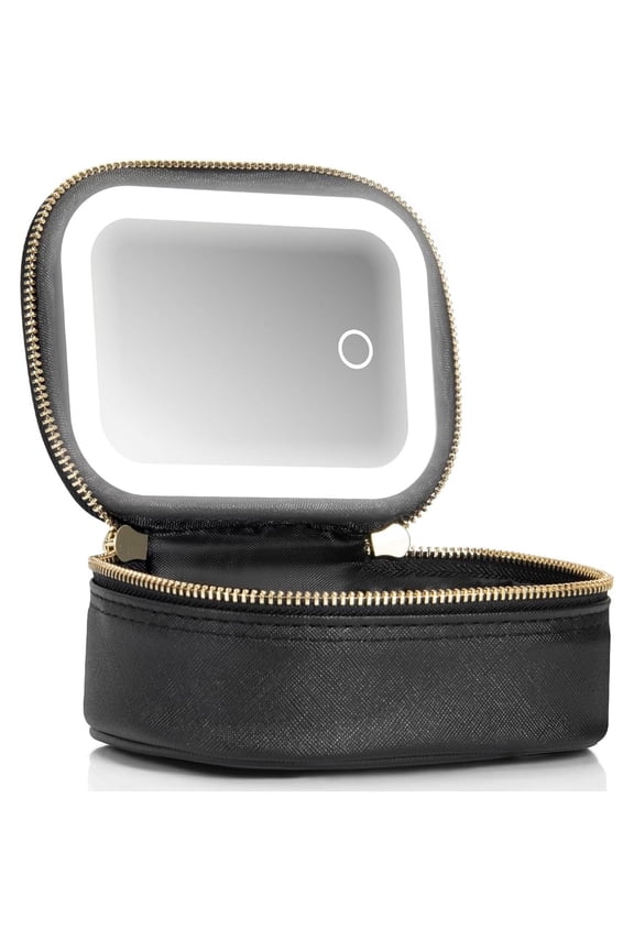 Mini Makeup Bag with LED Mirror, Small Travel Makeup Bag with 3 Light Modes for Pool Parties and Work Touch-Ups, Black