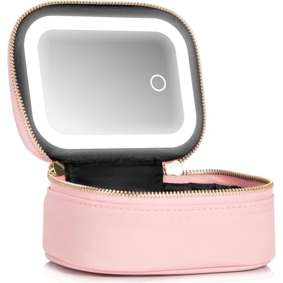 Mini Makeup Bag with LED Mirror, Small Travel Makeup Bag with 3 Light Modes for Pool Parties and Work Touch-Ups, Pink