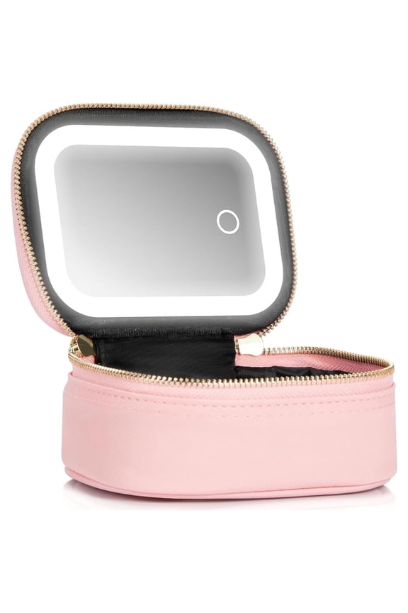 Mini Makeup Bag with LED Mirror, Small Travel Makeup Bag with 3 Light Modes for Pool Parties and Work Touch-Ups, Pink