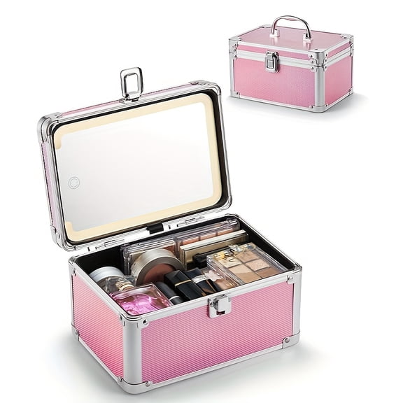 Mini Makeup Train Case with Detachable Magnetic LED Mirror, Portable Cosmetic Organizer for Nail Polish and Makeup, Ideal Travel or Gift Case
