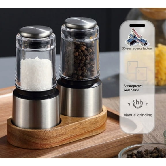 Mini Manual Pepper Grinder Set with Wooden Base - 2 Pack for Coffee, Spices, and Seasoning