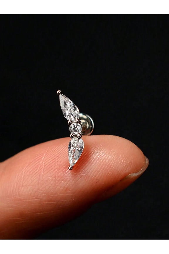 Mini Marquise & Round CZ Screw-Back Stud Earring In Silvertone Stainless Steel E2366S