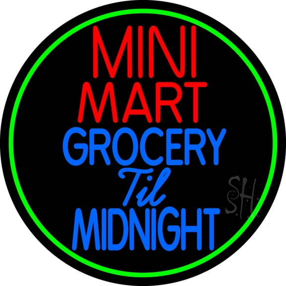 Mini Mart Groceries Till Midnight LED Neon Sign 26 x 26 - inches, Black Square Cut Acrylic Backing, with Dimmer - Bright and Premium built indoor LED Neon Sign for Defence Force.