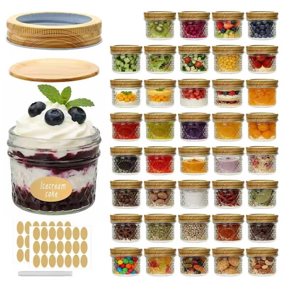 Mini Mason Glcanning Jars 4 Oz With Woodgrain Lids And Bands Ideal For Honey Jam Wedding Favors Shower Small Pice 40 Pack