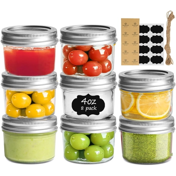 Mini Mason Jars 4oz - 8 Pack, Regular Mouth Mason Jar with Lids and Seal Bands, Small Glass Canning Jar for Spice, Jam, Honey, Jelly, Dessert, Shower Wedding Favors, DIY Candles Decor