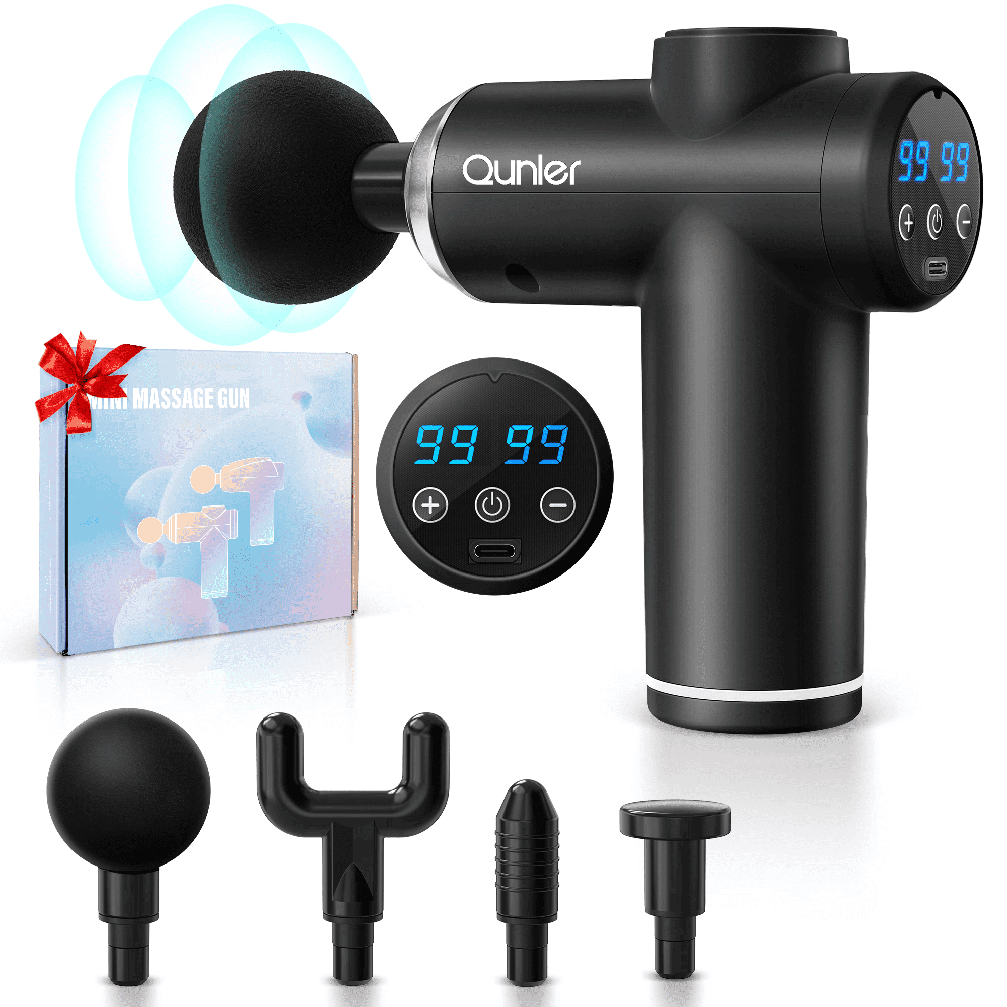 Qunler Mini Massage Gun, 99 Speeds, Deep Tissue Muscle Massager, Portable Quiet Design, 4 Heads, Black