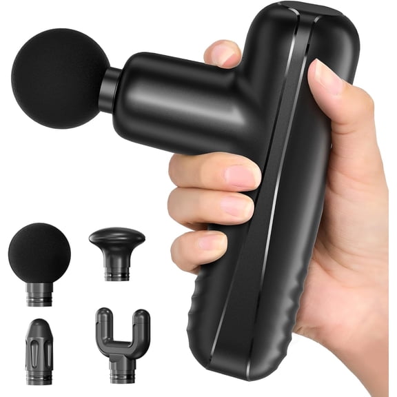 Mini Massage Gun, Powerful Handheld Muscle Massager for Muscle Relaxation, Deep Tissue Percussion Small Massage Gun Travel Massager with 4 Massage Heads Silent Brushless Motor, Black