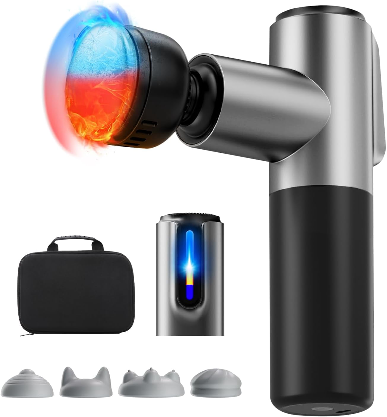 Mini Massage Gun with Hot & Cold Therapy Head, Portable Percussion Muscle Massager with 5 Heads & 5 Speeds for Full Body Relaxation