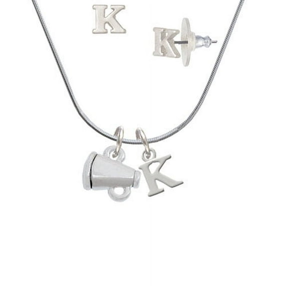 Mini Megaphone - K Initial Charm Necklace and Stud Earrings Jewelry Set