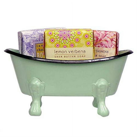 Mini Metal Bathtub Gift Set with 3 Shea Butter Moisturizing Soaps (Multi Mint)