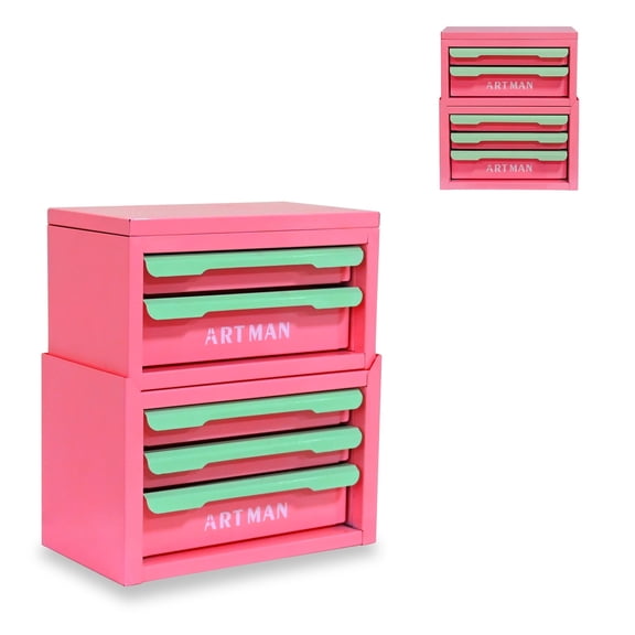 Mini Metal Tool Box with 5 Drawers and Top Storage Small Tool Chest for Office,Garage Workshop,Pink Green