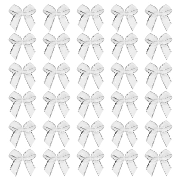Mini Metallic Edge Ribbon Bow. 22x23mm Satin Silver Edge Ribbon Bow Appliques for Crafts DIY Hair Bows Sewing Wedding Party Christmas Decoration, (Pack of 100, White)