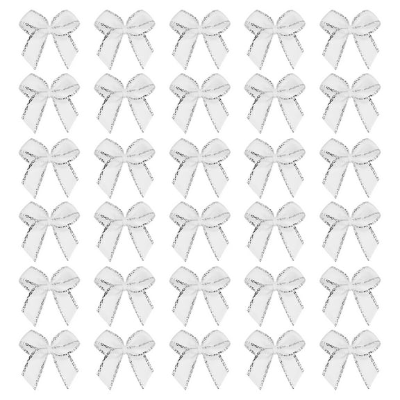 Mini Metallic Edge Ribbon Bow. 22x23mm Satin Silver Edge Ribbon Bow Appliques for Crafts DIY Hair Bows Sewing Wedding Party Christmas Decoration, (Pack of 50, White)