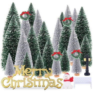 Mini Miniature Christmas Pine Tree Bottle Brush Trees Wooden Bases Tree for Your Village Desktop Xmas Holiday Party (Silver/Green 30pcs)