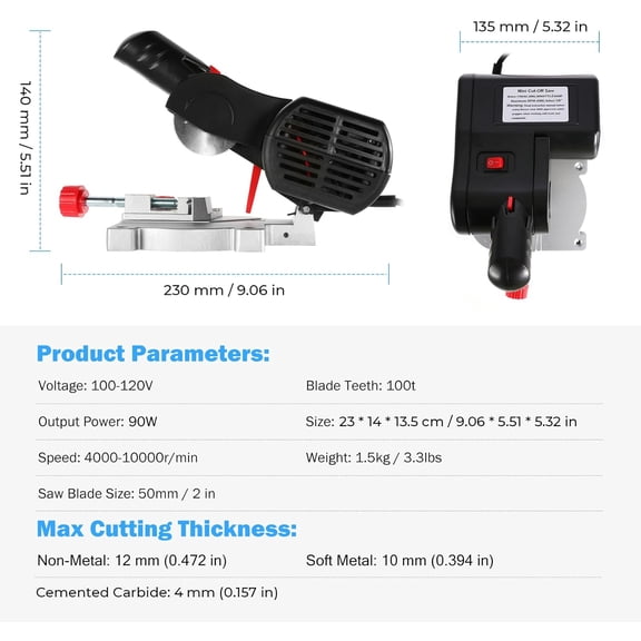 Mini Miter Saw, Electric Power Table Saw, 9 * 5.5 * 5.3 in Benchtop Cut-Off Chop Saw, Max 45 Degree Cutting, for 12mm Non-Metal, 10mm Soft Metal, 4mm Cemented Carbide