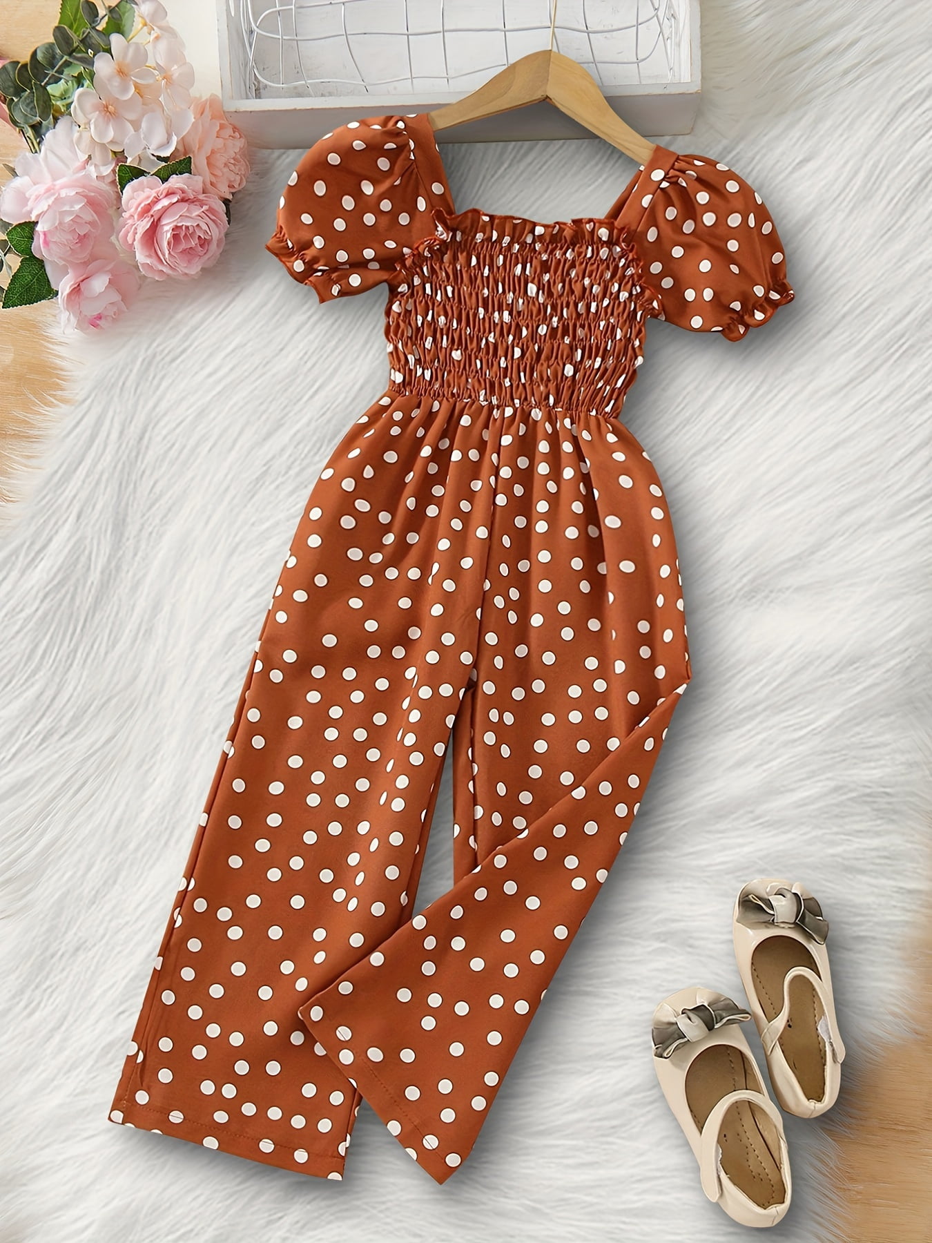 Girls White Dot Basic Jumpsuit With Embellished