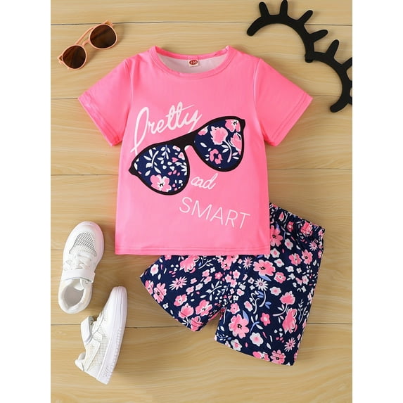 Mini Mojo Girls' Pretty & Smart Floral Pattern 2pcs Tee & Shorts Set Polyester Summer