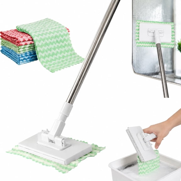 Mini Mop with Snap Grip, Push Pull Handle, 10 Reusable Cloths for Kitchen, Bathroom and Car