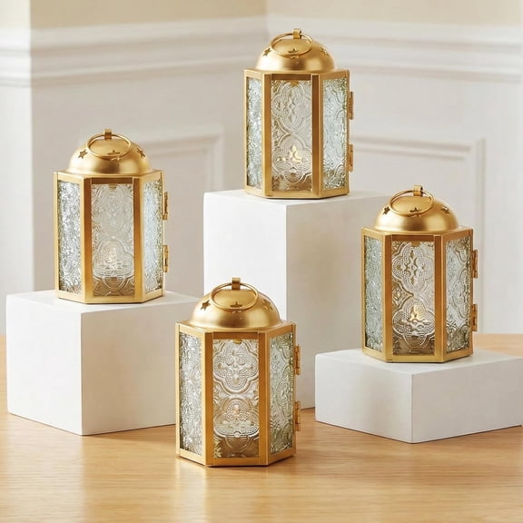 Mini Moroccan Tea Light Candle Holder Lanterns  4.25" Small Decorative Lantern for Table or Hanging, Metal with Glass Panels Ramadan, Wedding, Home Decor, Gold (Set of 4)