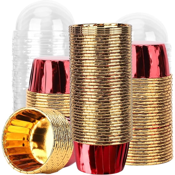 Mini Muffin Liners, 3.5oz 100pcs Disposable Foil Ramekins Baking Cups with Lids, Aluminum Small Cookies Wrappers Baking Cups Cupcake Containers for Wedding Birthday Party Picnic Camping