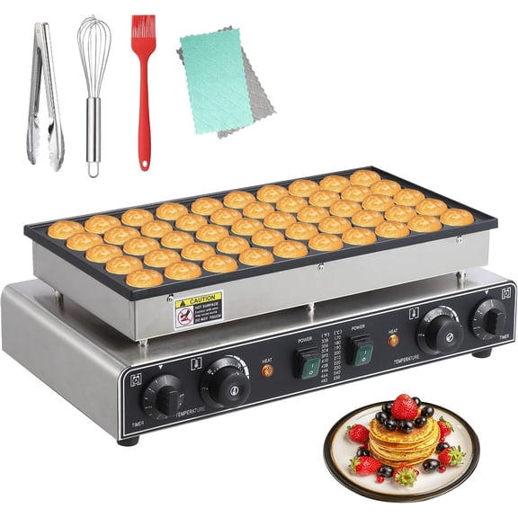 Mini Muffin Maker, 50 Hole Stainless Steel Electric Muffin Maker with 50-300C Temperature and Time Control, Commercial Non-Stick Pancake Maker for Home and Restaurant Silver 850W 110V