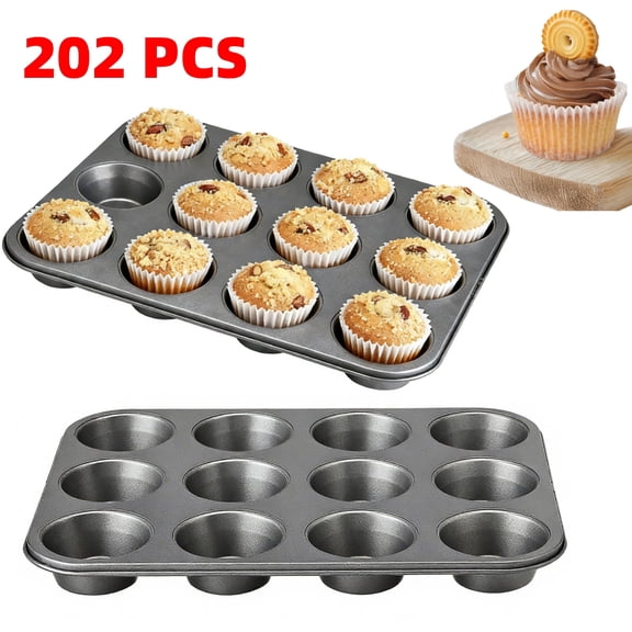Mini Muffin Pan includes 200 White Cupcake Liners, Mini Cupcake Pans Nonstick 12Cup, Muffin Tin, Carbon Steel Baking Supplies
