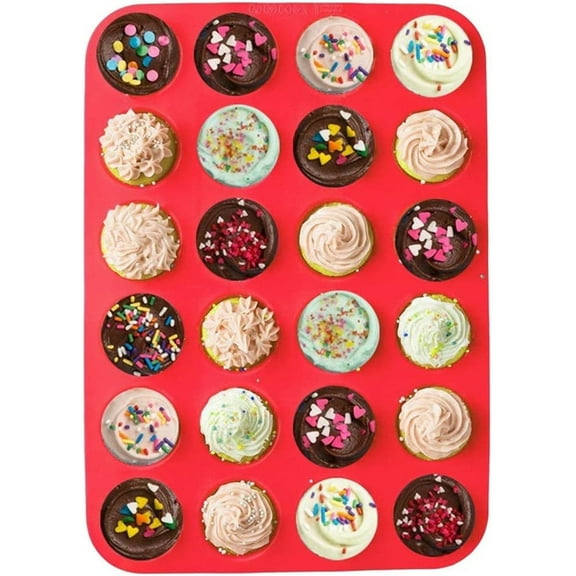 Mini Muffins Pan,24 Cup Mini Muffin Tray ,Casewin Non-Stick Cupcake Tin, Silicon Mould Bakeware, Reusable Baking Case for Mini Mince Pie, Cupcakes, Dishwasher Safe, 34 x 23 x 2.5 cm (Red)