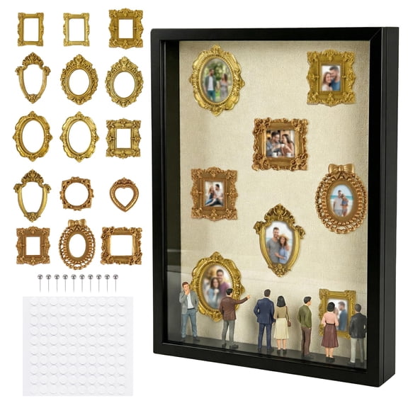 Mini Museum Shadow Box 11x14, with 15 Small Frames & Stickers, Mini Museum DIY Kit for Memory Display, Wood Shadow Frame for Wedding Valentine Birthday Gift for Her Home Decor