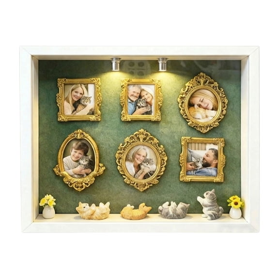 Mini Museum Shadow Box Display with 6 Tiny Photo Frames, 4 Adorable Cat Figurines & 2 Botanical Accents – Decorative Wall Art